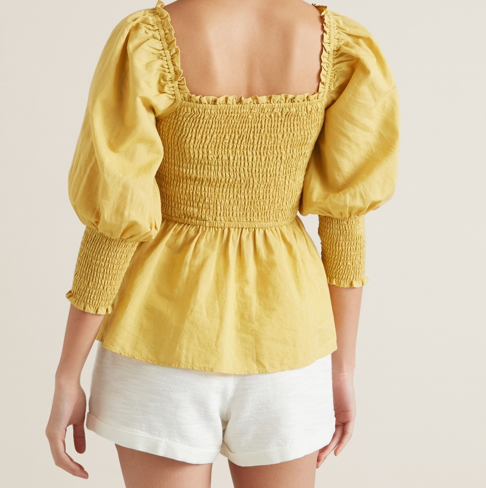 SEED HERITAGE Linen Cotton Puff Sleeve Yellow Pretty Shirred Top Blouse - Picture 4 of 8